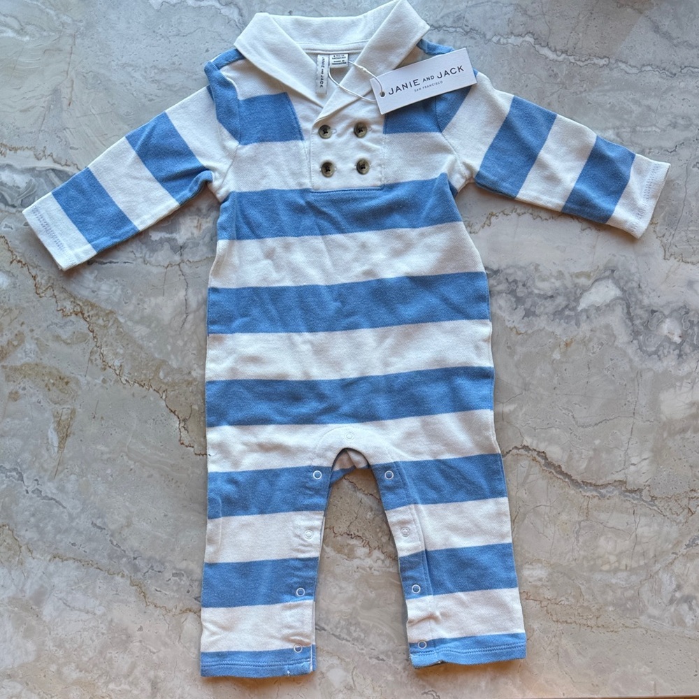 NWT Janie and Jack Nautical Blue and White Striped Footie